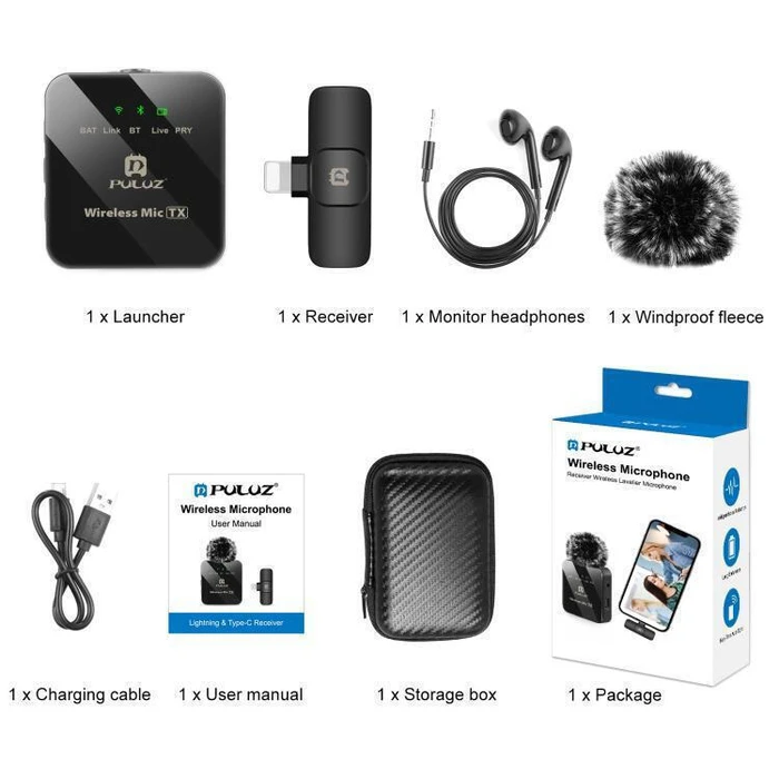 Puluz Wireless Lapel (Lavalier) Microphone for iPhone/iPad with 8‑Pin Receiver PU645B - Black