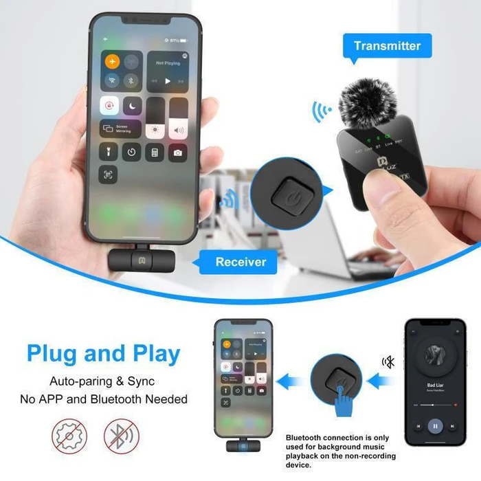 Puluz Wireless Lapel (Lavalier) Microphone for iPhone/iPad with 8‑Pin Receiver PU645B - Black