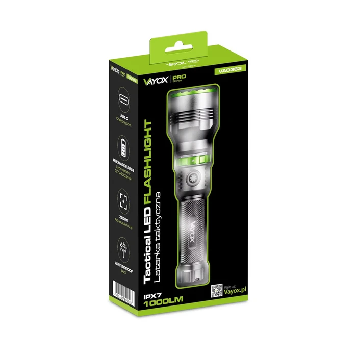Vayox Rechargeable LED Flashlight IPX7 1000 lm (Model 698071, SKU WLONONWCRSJRR)