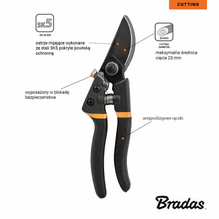 Bradas Ψαλίδι Κλαδέματος Μήκους 20cm με Μέγιστη Διάμετρο Κοπής 25mm