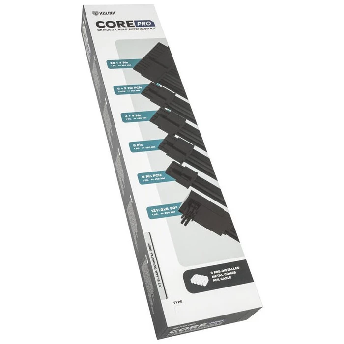 Kolink Core Pro Braided PSU Cable Extension Kit 12V - 2x 6-pin Type 2 - Jet Black / Gunmetal Grey