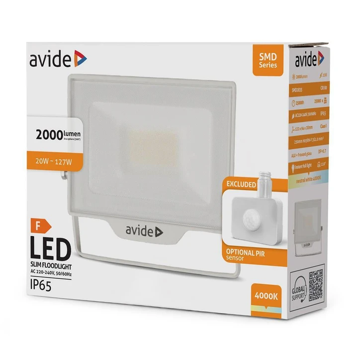 Avide LED SMD Floodlight 20W NW 4000K - PIR Sensor Mountable - White