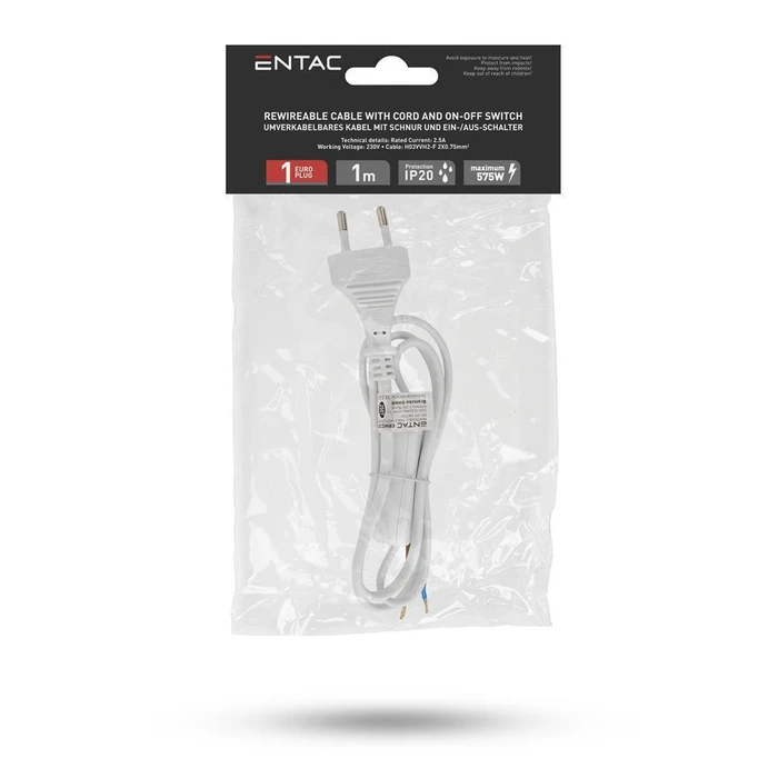 Entac Rewireable Cable 2G0.75 with ON/OFF Switch, White, 1 m