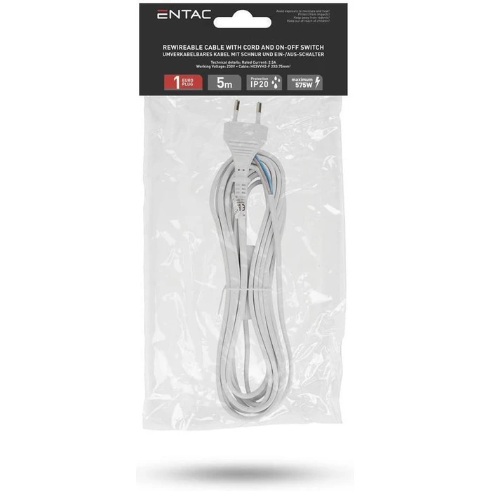 Entac Rewireable Cable 2G0.75 with On/Off Switch White 5m