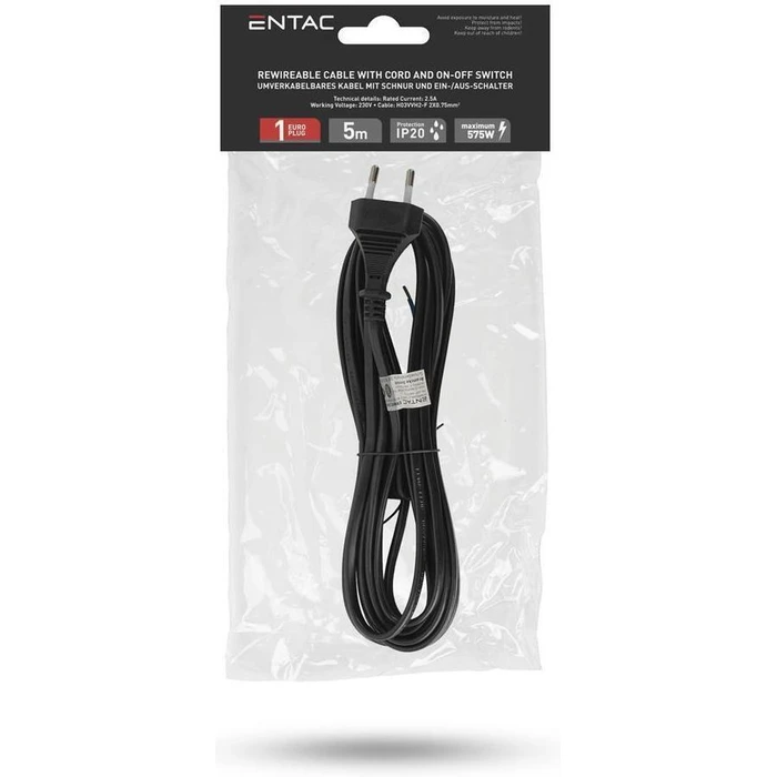 Entac Rewireable Cable 2G0.75 with On/Off Switch, Black, 5 m