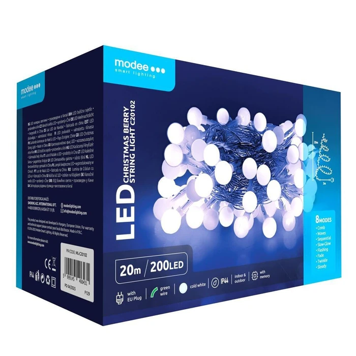 Modee Χριστουγεννιάτικα Λαμπάκια LED Τυπού Berry με Βύσμα 200LED 20m 10cm Ψυχρό Λευκό