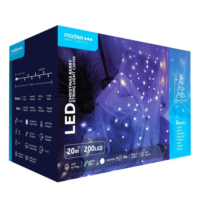 Modee Χριστουγεννιάτικα Λαμπάκια LED Τυπού Berry με Βύσμα 200LED 20m 10cm Ψυχρό Λευκό