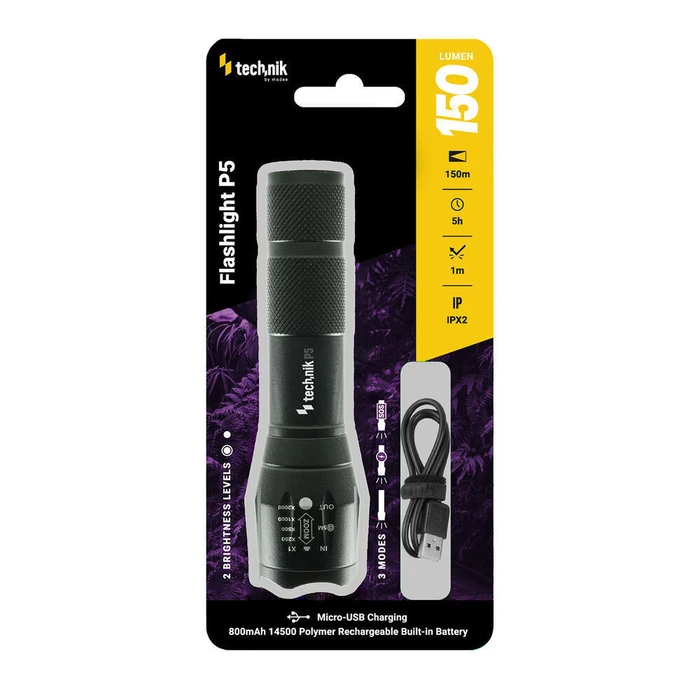Technik Flashlight P5 XPE LED 150 lm with Micro USB Cable 1x14500 800 mAh