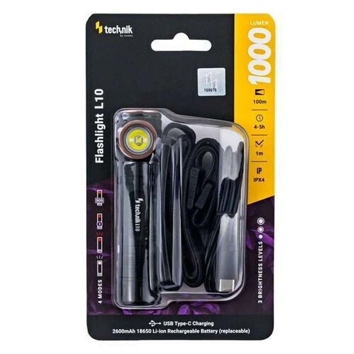 Handheld Flashlight Technik L10 with 1x18650 2200mAh Battery Osram P9 and USB C Cable 1000lm 1000lm