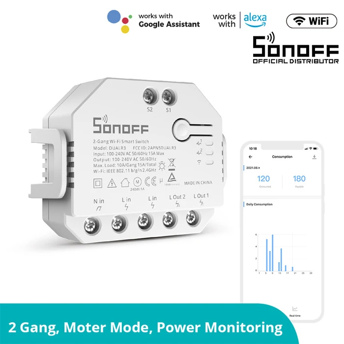Smart Intermediate Switch SONOFF Dual R3 Lite Wi Fi White