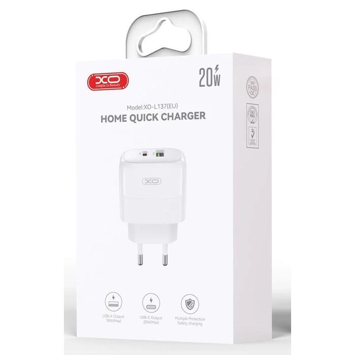 XO Wall Charger PD20W QC18W USB A USB C White