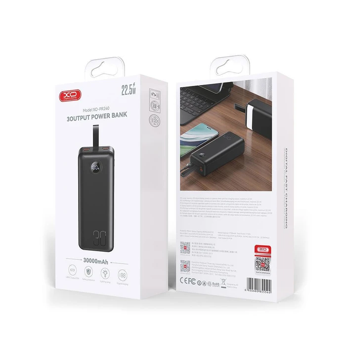 XO Power Bank Γρήγορης Φόρτισης USB C 20W USB A 22 5W με Οθόνη 30000mAh PR240