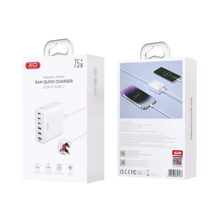 XO L133 (UK) 75W GaN 3A+3C Γρήγορος Φορτιστής 1.5M