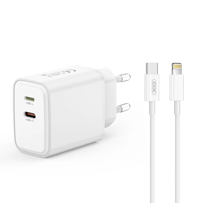XO Universal Charger with 2 Outputs and Detachable Lightning Cable 20W White