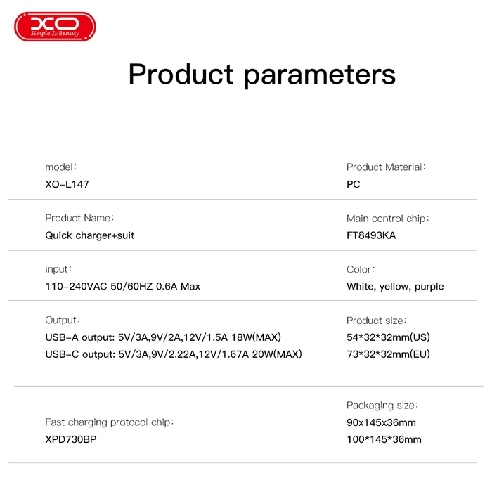 XO Φορτιστής PD20W με 2 εξόδους 1xUSB-A και 1xUSB-C με αποσπώμενο καλώδιο USB Type-C