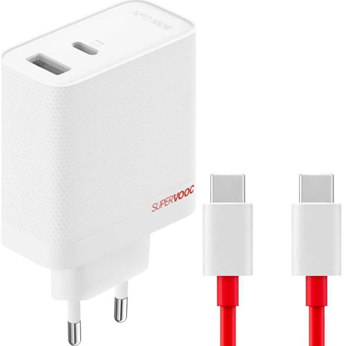 OnePlus GaN Charger with USB-A and USB-C Ports and USB-C to USB-C Cable, 80W Power Delivery, White (SUPERVOOC)