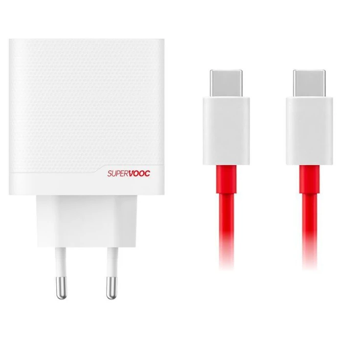 OnePlus GaN Charger with USB-A and USB-C Ports and USB-C to USB-C Cable, 80W Power Delivery, White (SUPERVOOC)
