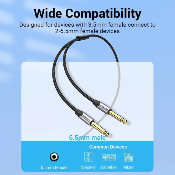 VENTION Audio Cable Cotton Braided TRS 3.5mm Male to 2x 6.5mm Male 1m Gray Aluminum Alloy Type BARHF