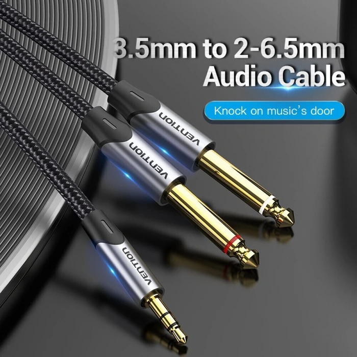 VENTION Audio Cable Cotton Braided TRS 3.5mm Male to 2x 6.5mm Male 1m Gray Aluminum Alloy Type BARHF