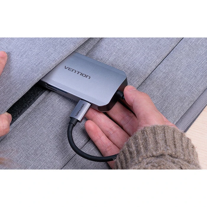USB Hubs VENTION USB C to USB 3 0 x3 SD TF PD Hub 0 15M Gray Aluminum Alloy Type TNHHB