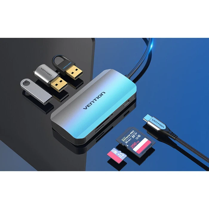 USB Hubs VENTION USB C to USB 3 0 x3 SD TF PD Hub 0 15M Gray Aluminum Alloy Type TNHHB