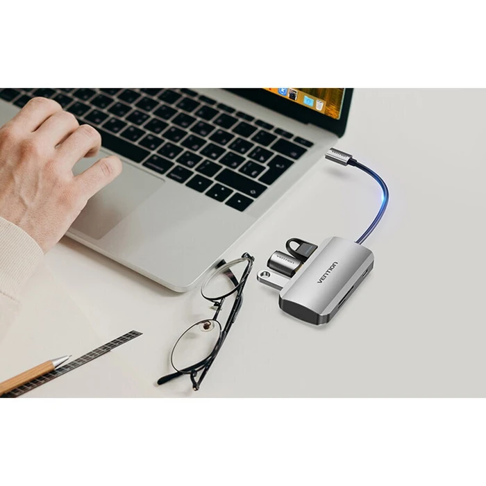 USB Hubs VENTION USB C to USB 3 0 x3 SD TF PD Hub 0 15M Gray Aluminum Alloy Type TNHHB