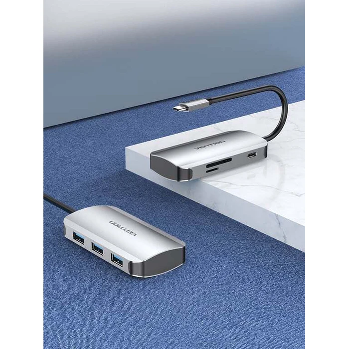 USB Hubs VENTION USB C to USB 3 0 x3 SD TF PD Hub 0 15M Gray Aluminum Alloy Type TNHHB