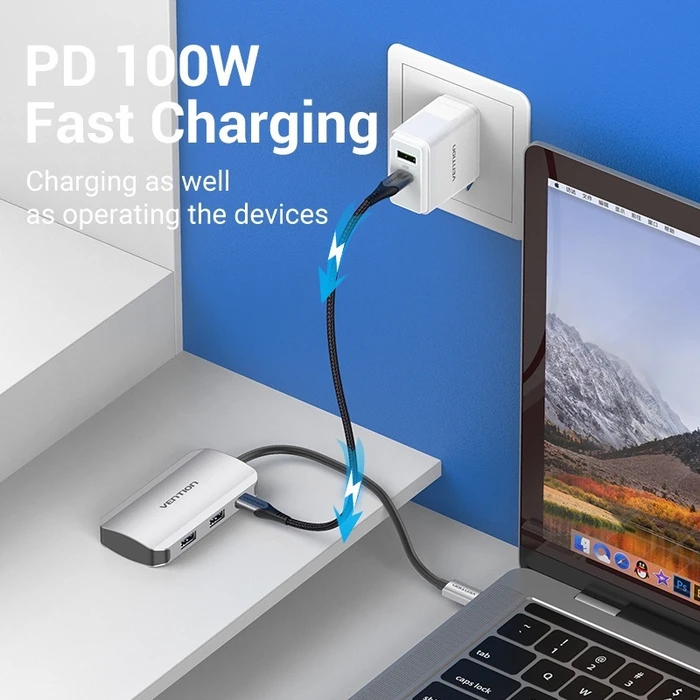 Vention USB Hub Type C to USB 3.0 x4 PD 100W TNBHB Gray