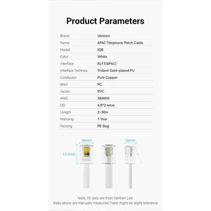Telephone Cable VENTION Flat 4-Core RJ11 6P4C 20 m White