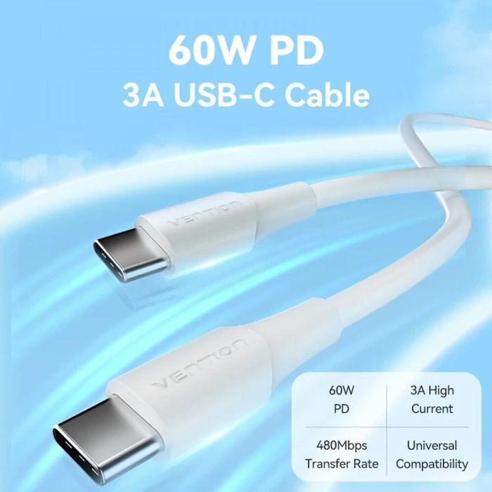 Vention USB 2.0 Type-C σε Type-C 3A 1.5m Λευκό (TAXWG)