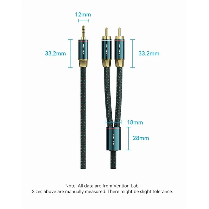 Audio Cable VENTION 3 5mm to 2 RCA 5m Cotton Braided Green Copper Type BCSGJ