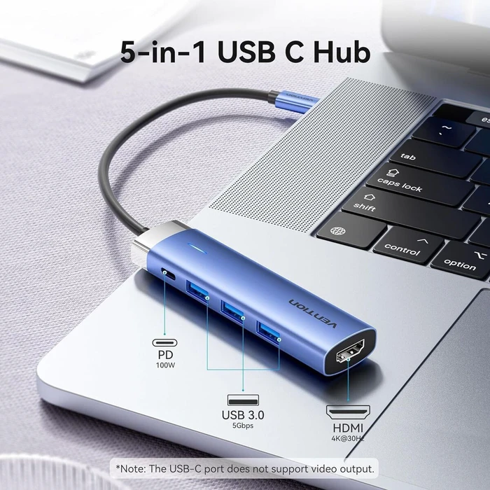 Vention USB-C Docking Station με HDMI 4K, PD, USB 3.0 x3, Μπλε Αλουμινίου (TGESB)
