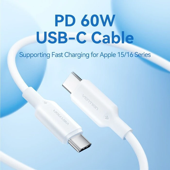 USB Cable VENTION USB 2.0 Type C Male to Type C Male 3A Cable 1M White PVC TRCWF