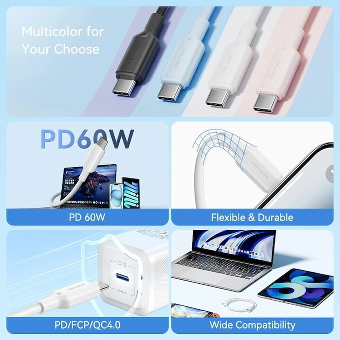 USB Cable VENTION USB 2.0 Type C Male to Type C Male 3A Cable 1M White PVC TRCWF
