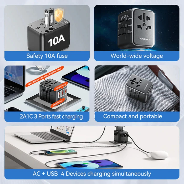 VENTION Ταξιδιωτικός Αντάπτορας Ρεύματος 3 Θυρών USB C A A Μαύρος FJEB0