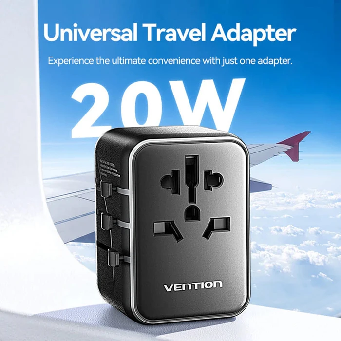 VENTION Ταξιδιωτικός Αντάπτορας Ρεύματος 3 Θυρών USB C A A Μαύρος FJEB0