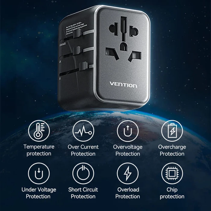 VENTION Ταξιδιωτικός Αντάπτορας Ρεύματος 3 Θυρών USB C A A Μαύρος FJEB0