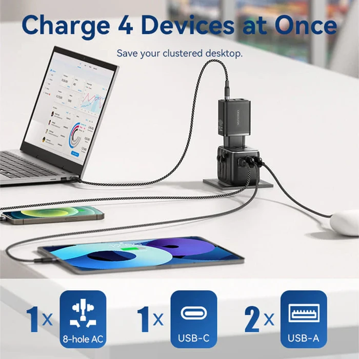 VENTION Travel Adapter 3 Port USB C A A Black FJEB0