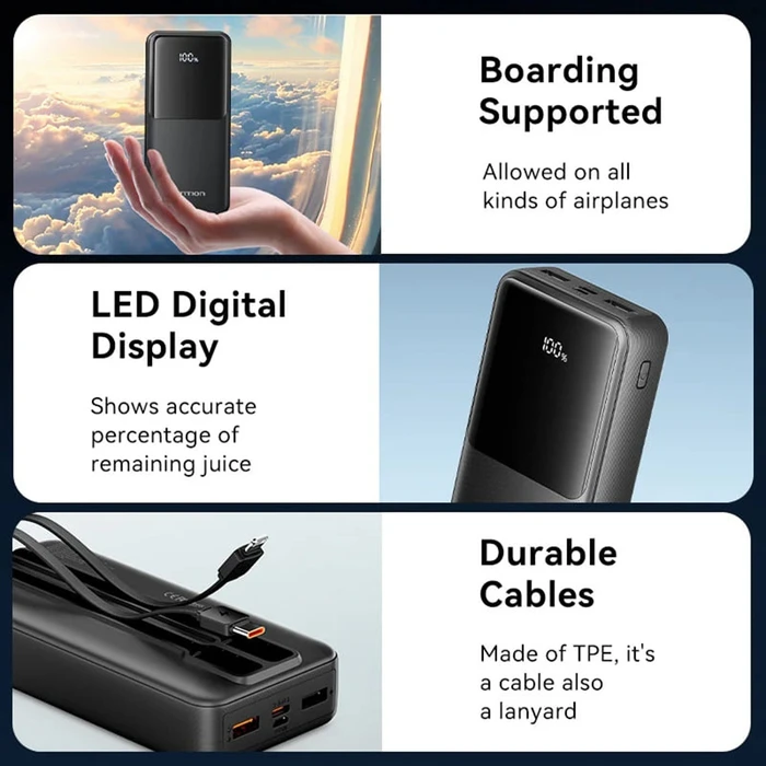 Power Bank Vention 20000mAh 22.5W Black LED Display with Built In Type C and Lightning Cables FHPB0