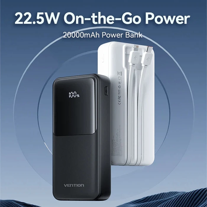 Power Bank Vention 20000mAh 22.5W Black LED Display with Built In Type C and Lightning Cables FHPB0