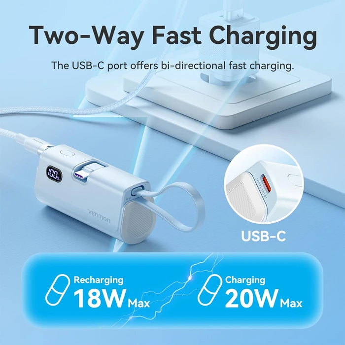 Vention FHQL0 Power Bank 4800mAh 22.5W USB-C (foldable) + Lightning + USB-A Μπλε