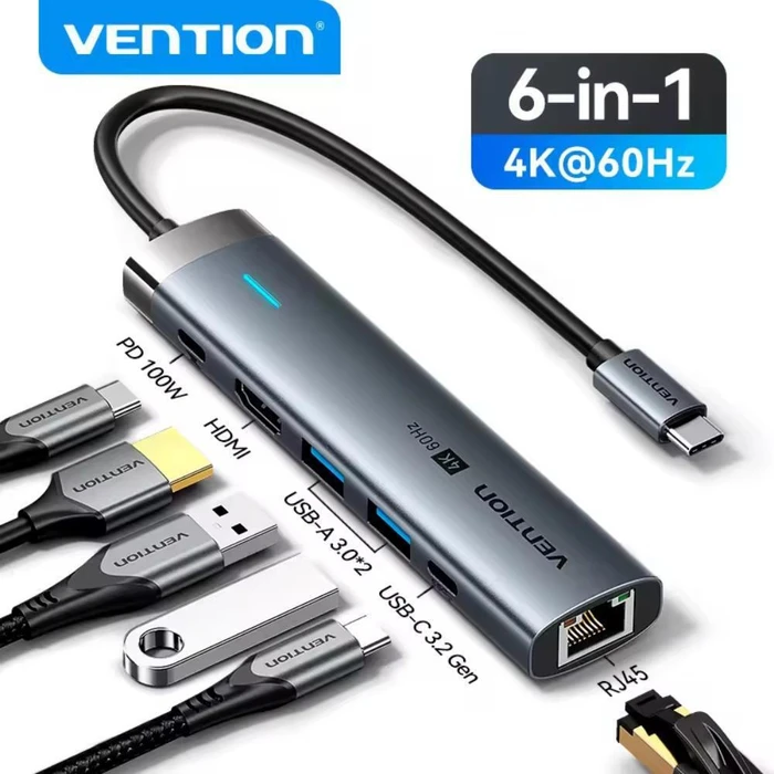 VENTION Docking Station USB C to HDMI USB 3 2 Gen 1 Type C USB 3 0 2 RJ45 PD Gray Aluminum Alloy Type TGNHB