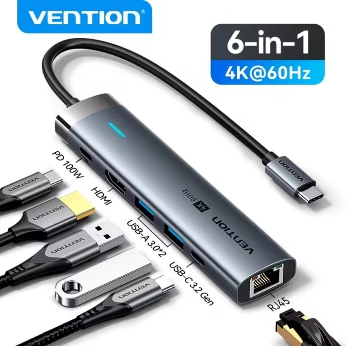 VENTION Docking Station USB C to HDMI USB 3 2 Gen 1 Type C USB 3 0 2 RJ45 PD Gray Aluminum Alloy Type TGNHB