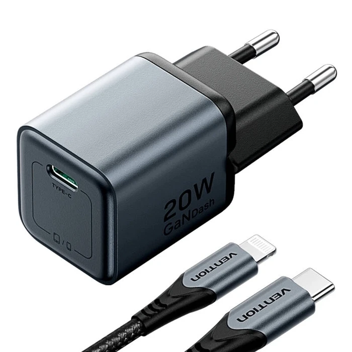VENTION 1 Port USB C GaN Charger 20W with USB C to Lightning Cable 1M EU Plug Gray Black