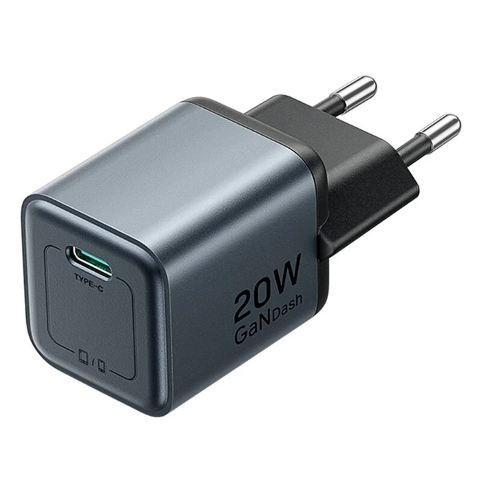 VENTION 1 Port USB C GaN Charger 20W with USB C to Lightning Cable 1M EU Plug Gray Black