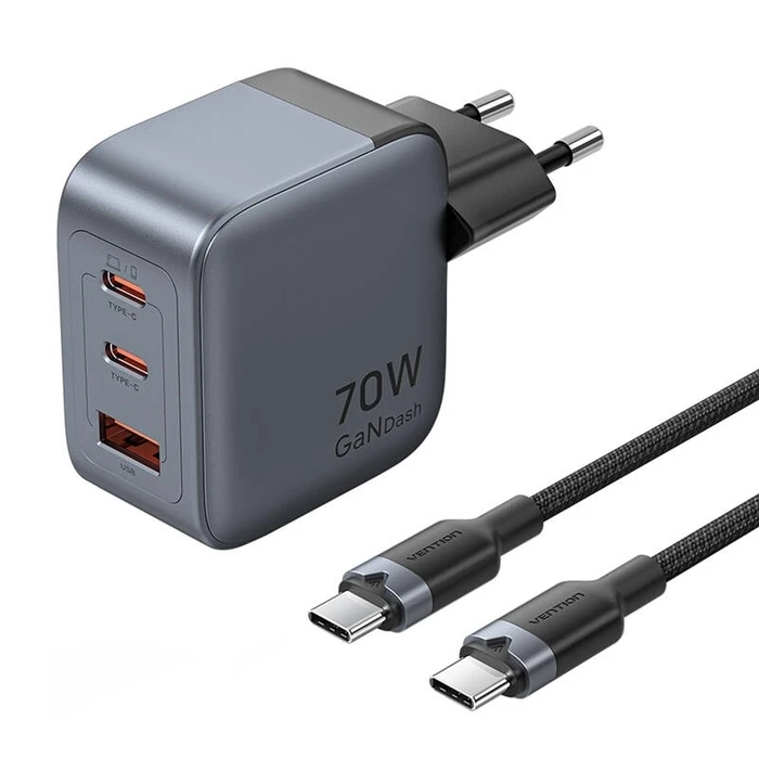 VENTION USB Charger 3 Port USB C C A GaN 70W with USB C to USB C Cable 1m EU Plug Gray