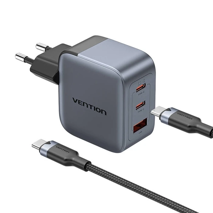 VENTION USB Charger 3 Port USB C C A GaN 70W with USB C to USB C Cable 1m EU Plug Gray