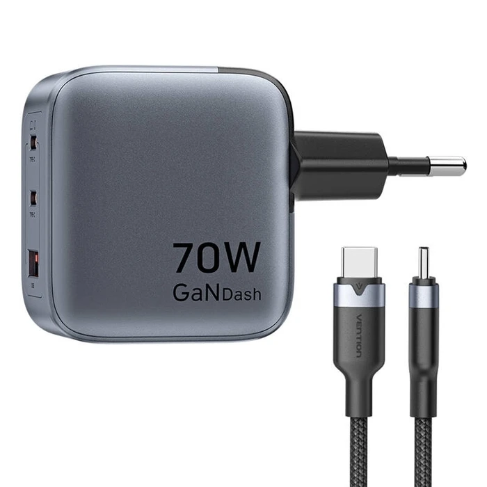 VENTION Φορτιστής GaN 3 Θυρών USB C C A 70W με Καλώδιο USB C σε USB C 1m EU