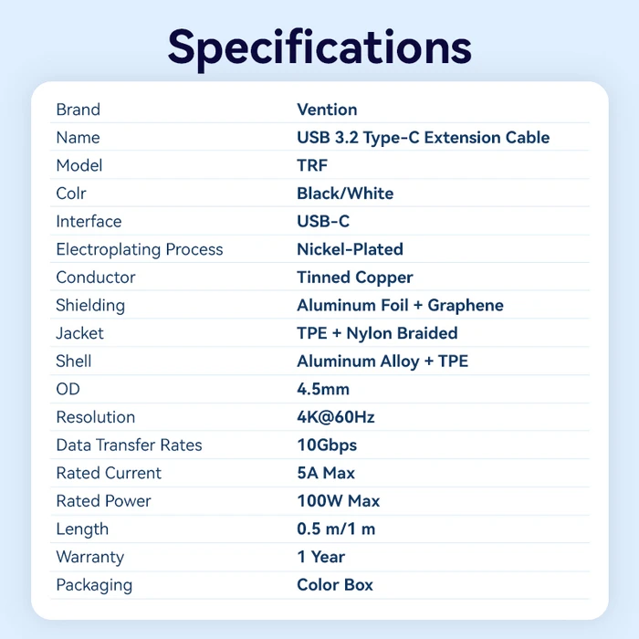 Vention Καλώδιο Επέκτασης USB C Male to C Female 10Gbps 1m Μαύρο