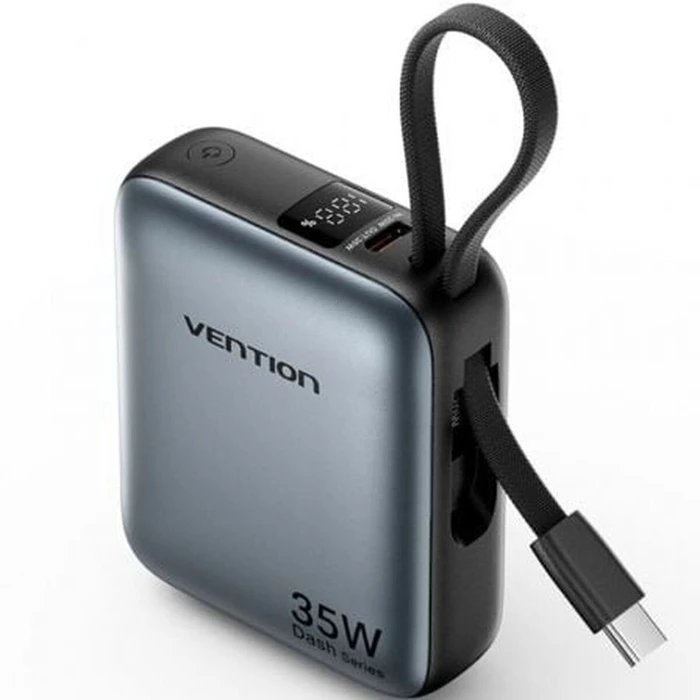 Vention 10000mAh Mini Power Bank (USB-C + USB-C/Lightning) with Built-in USB-C and Lightning Cables 35W Gray (FHFH0) (VENFHFH0)